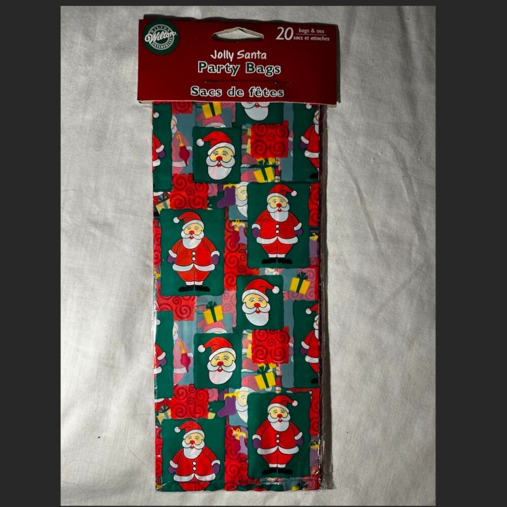 WILTON Party Treat Bags w Ties 20 ct - Christmas - Jolly Santa - Green/Red